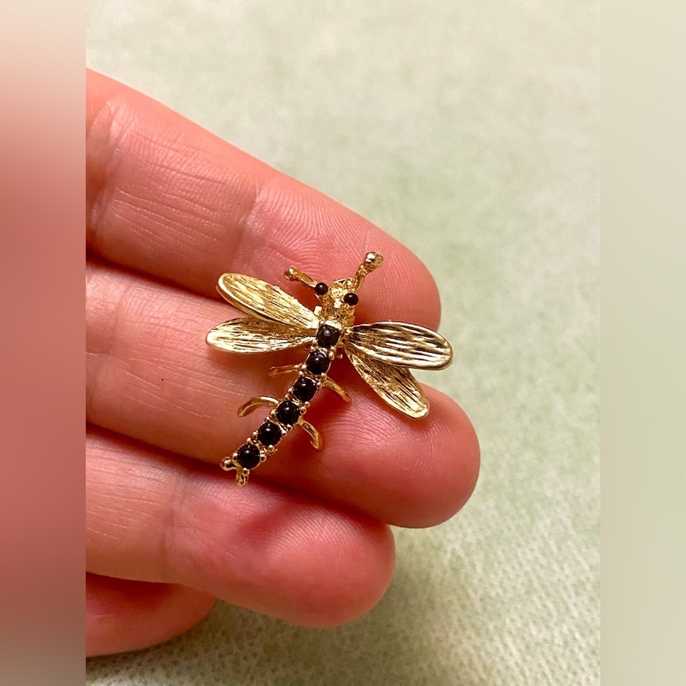 Gold Dragonfly Brooch with Black Stones